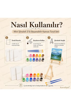 Sevimli Dinozorlar Mini Şövaleli 3'lü Boyanabilir Kanvas Tuval Seti 20x20 12 Renk Boya