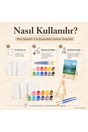 Çiçek Bahçesi Mini Şövaleli 3'lü Boyanabilir Kanvas Tuval Seti 20x20 12 Renk Boya