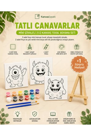 Tatlı Canavarlar Mini Şövaleli 3'lü Boyanabilir Kanvas Tuval Seti 20x20 12 Renk Boya