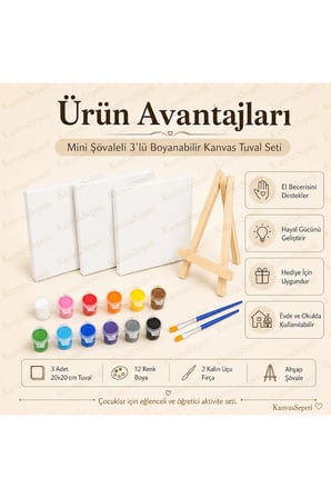 Çocuk Mandalası Mini Şövaleli 3'lü Boyanabilir Kanvas Tuval Seti 20x20 12 Renk Boya