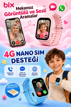 Akıllı Çocuk  Saati 4G Sim Kartlı GPS Rota Takipli SOS Kameralı Görüntülü Konuşmalı Kız Erkek Saat