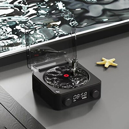 Retro Tasarımlı Mini Plak Çalar Bluetooth Hoparlör - LED Işıklı, Şarjlı, Taşınabilir, BT-SD-AUX