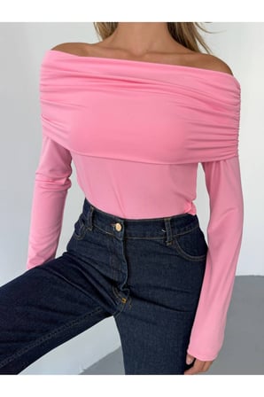 Dalgıç Kumaş Madonna Yaka Pembe Bluz
