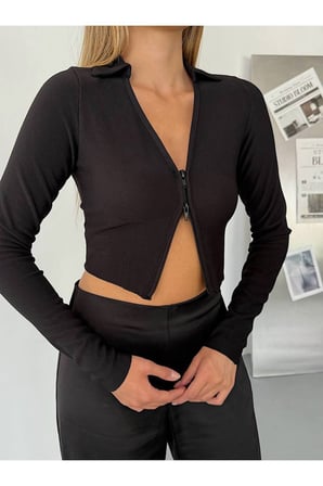 Ottoman Kumaş Polo Yaka Fermuarlı Crop