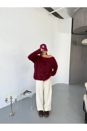 Tüylü Triko Kazak — Bordo