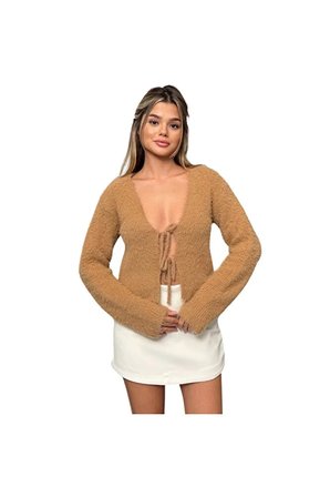 Sakallı Bağlamalı Camel Renk Triko Hırka