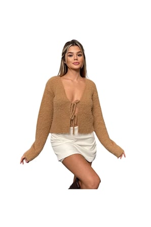 Sakallı Bağlamalı Camel Renk Triko Hırka