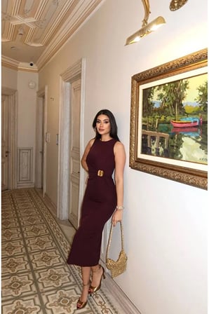 double kumaş aksesuarlı uzun elbise