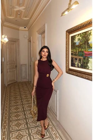 double kumaş aksesuarlı uzun elbise