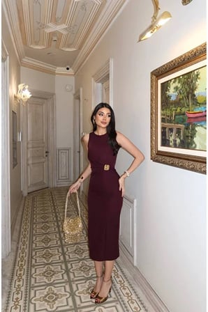 double kumaş aksesuarlı uzun elbise