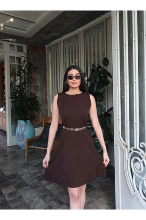 Double Kumaş Kemerli Elbise