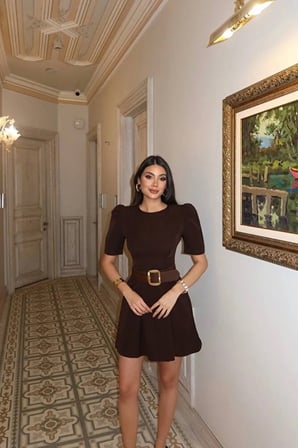 Double Kumaş Prenses Kol Kemerli Elbise