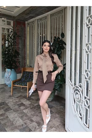 Çizgili Kravat Aksesuarlı Saten Kadın Gömlek