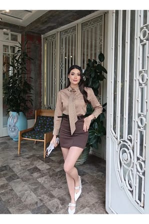 Çizgili Kravat Aksesuarlı Saten Kadın Gömlek
