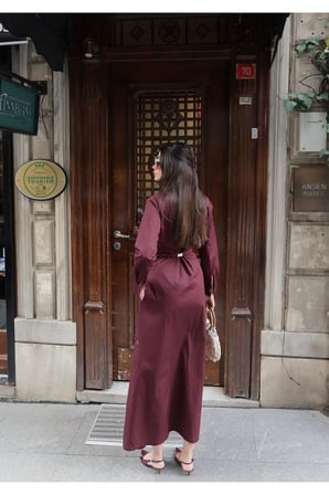 Poplin Kumaş Akseusarlı Elbise — Bordo