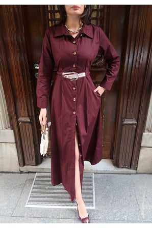 Poplin Kumaş Akseusarlı Elbise — Bordo