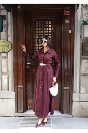Poplin Kumaş Akseusarlı Elbise — Bordo