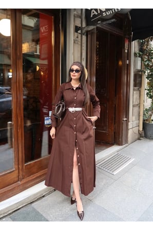 Poplin Kumaş Akseusarlı Elbise — Kahverengi
