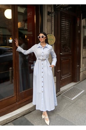 Poplin Kumaş Akseusarlı Elbise — Mavi