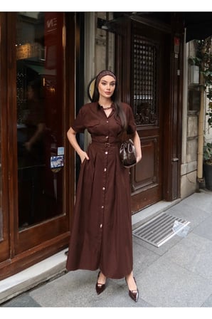 Poplin Kumaş Düğmeli Kısa Kollu Yazlık Elbise — Kahverengi