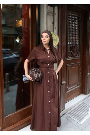 Poplin Kumaş Düğmeli Kısa Kollu Yazlık Elbise — Kahverengi