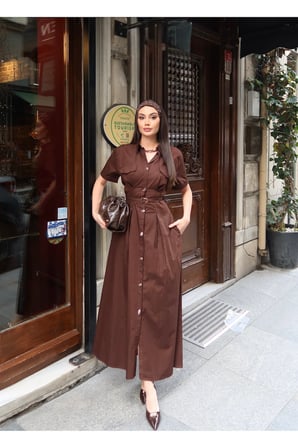 Poplin Kumaş Düğmeli Kısa Kollu Yazlık Elbise — Kahverengi