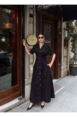 Poplin Kumaş Düğmeli Kısa Kollu Yazlık Elbise — Siyah