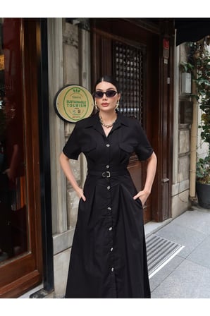 Poplin Kumaş Düğmeli Kısa Kollu Yazlık Elbise — Siyah