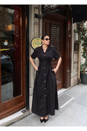 Poplin Kumaş Düğmeli Kısa Kollu Yazlık Elbise — Siyah