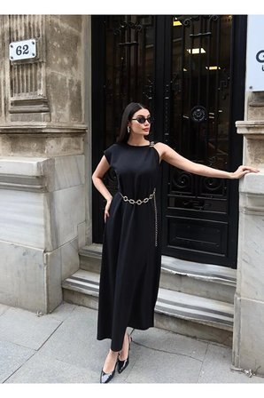 Linda Kumaş Aksesuarlı ve Kemerli Elbise