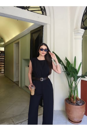 Linda Twill Kumaş Kemerli Tulum — Siyah
