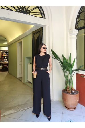 Linda Twill Kumaş Kemerli Tulum — Siyah