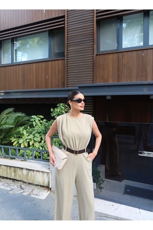 Linda Twill Kumaş Kemerli Tulum — Yeşil
