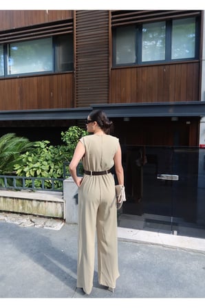 Linda Twill Kumaş Kemerli Tulum — Yeşil