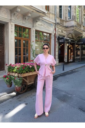 Tensel Kumaş Gold Aksesuarlı Bağlamalı Takım — Pembe