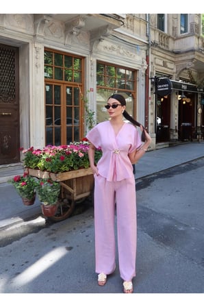Tensel Kumaş Gold Aksesuarlı Bağlamalı Takım — Pembe
