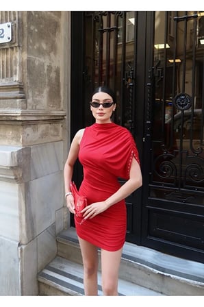 Sandy Kumaş Kuşgözlü Mini Elbise