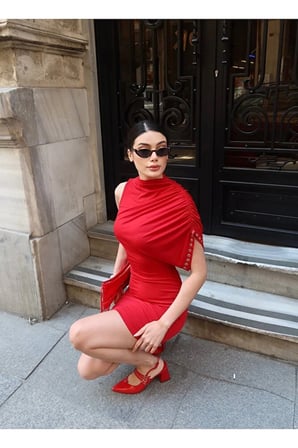 Sandy Kumaş Kuşgözlü Mini Elbise
