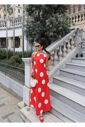 Poplin Kumaş Büyük Puantiye Desenli Uzun Elbise