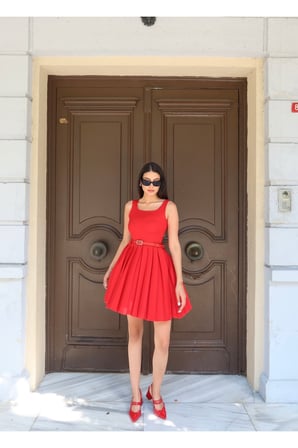 Double Kumaş Pileli Mini Elbise — Kırmızı