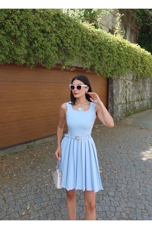 Double Kumaş Pileli Mini Elbise — Mavi
