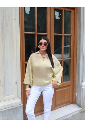 Çizgili Transparan Kumaş Polo Yaka Bluz — Sarı