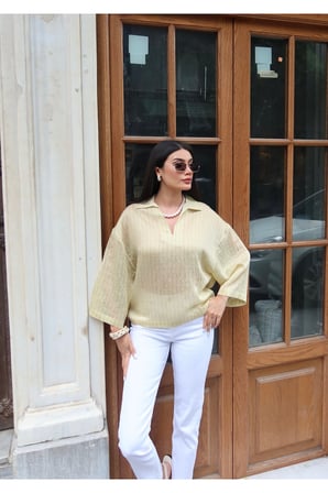 Çizgili Transparan Kumaş Polo Yaka Bluz — Sarı