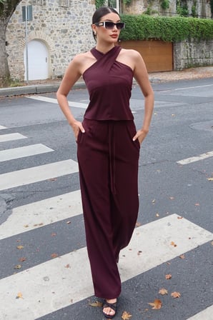 Linda Twill Kumaş Boyundan Geçmeli Takım — Bordo