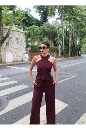 Linda Twill Kumaş Boyundan Geçmeli Takım — Bordo