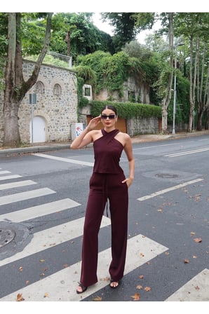 Linda Twill Kumaş Boyundan Geçmeli Takım — Bordo
