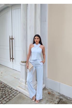 Linda Twill Kumaş Boyundan Geçmeli Takım — Mavi