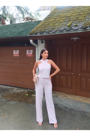 Linda Twill Kumaş Boyundan Geçmeli Takım — Pembe