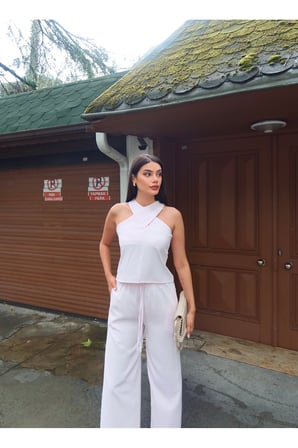 Linda Twill Kumaş Boyundan Geçmeli Takım — Pembe