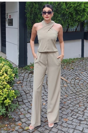 Linda Twill Kumaş Boyundan Geçmeli Takım — Yeşil
